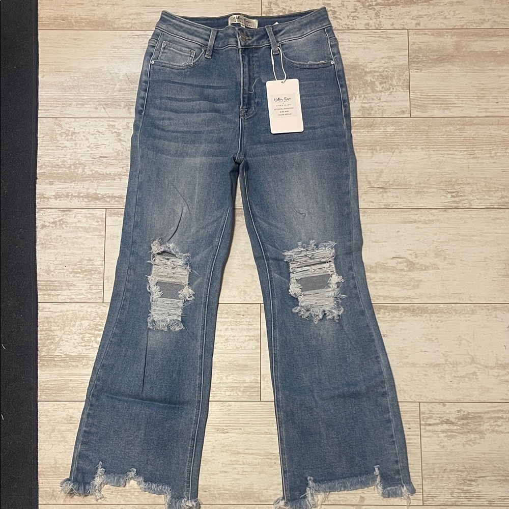 High-Rise Distressed Wide Leg Jeans - Blue